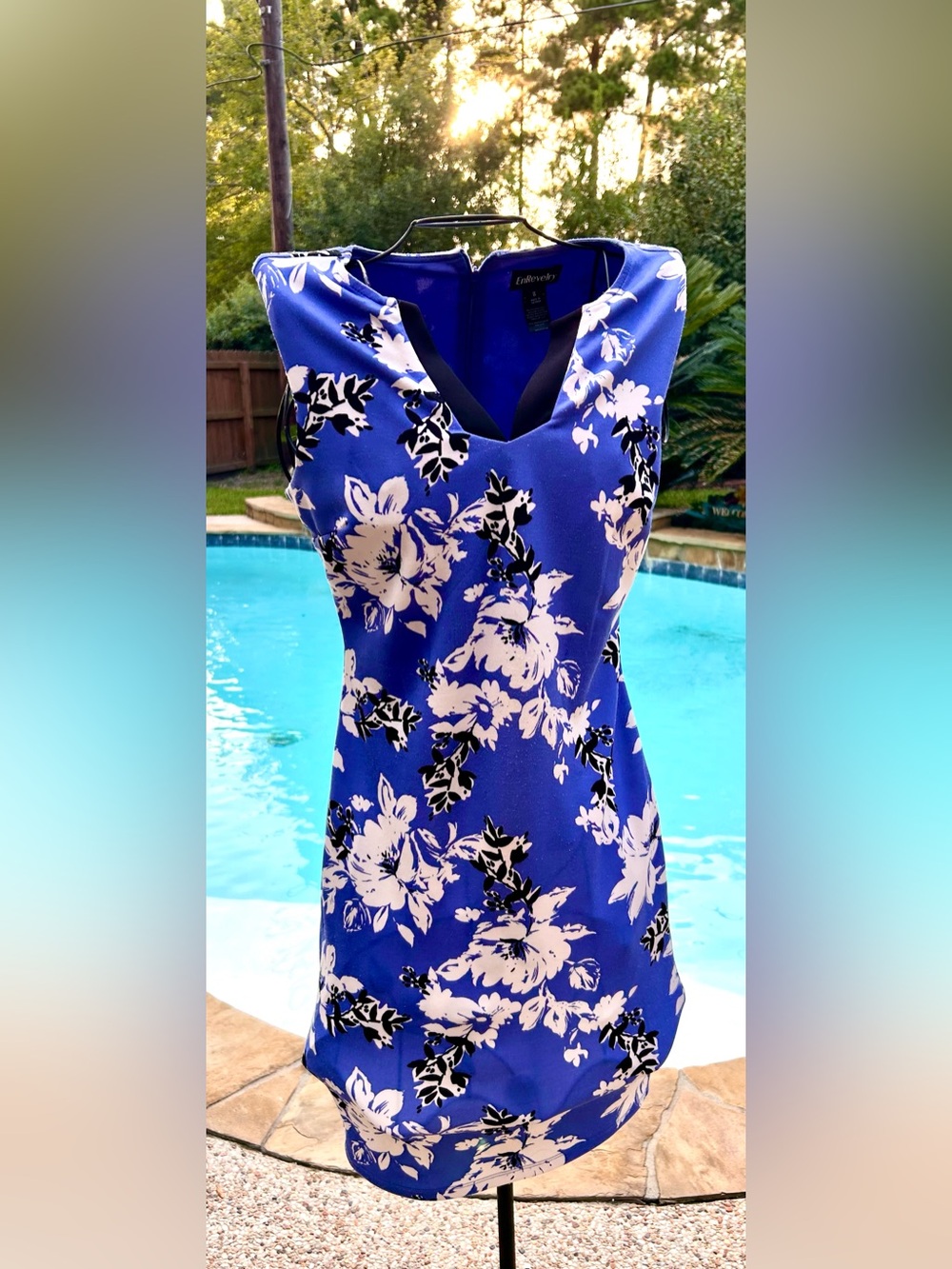 Vintage EnRevelry royal blue sheath dress with bold black and white floral print